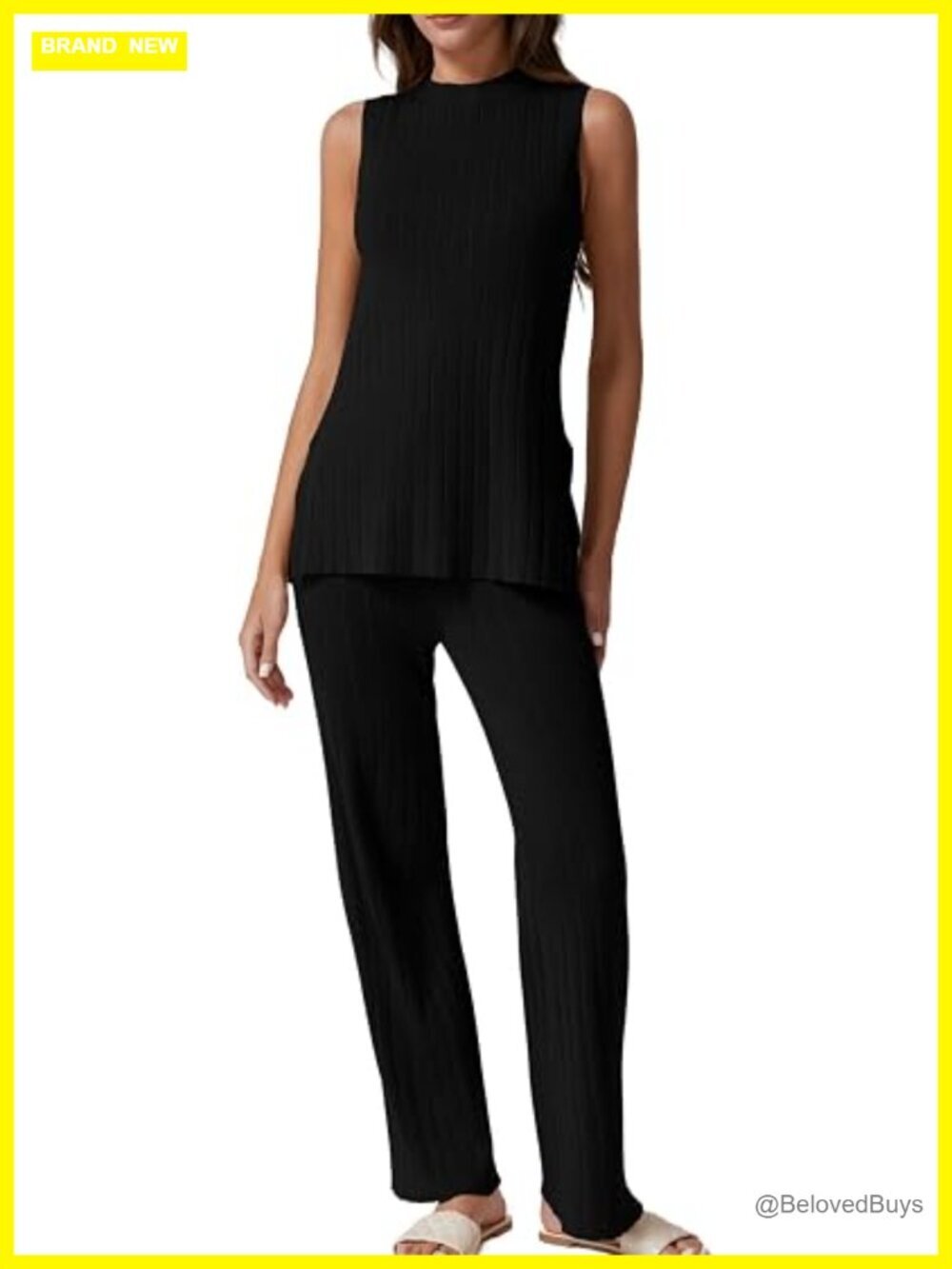 Two Piece Lounge Set Knit Sleeveless Vented Hem Top Wide Leg Pants